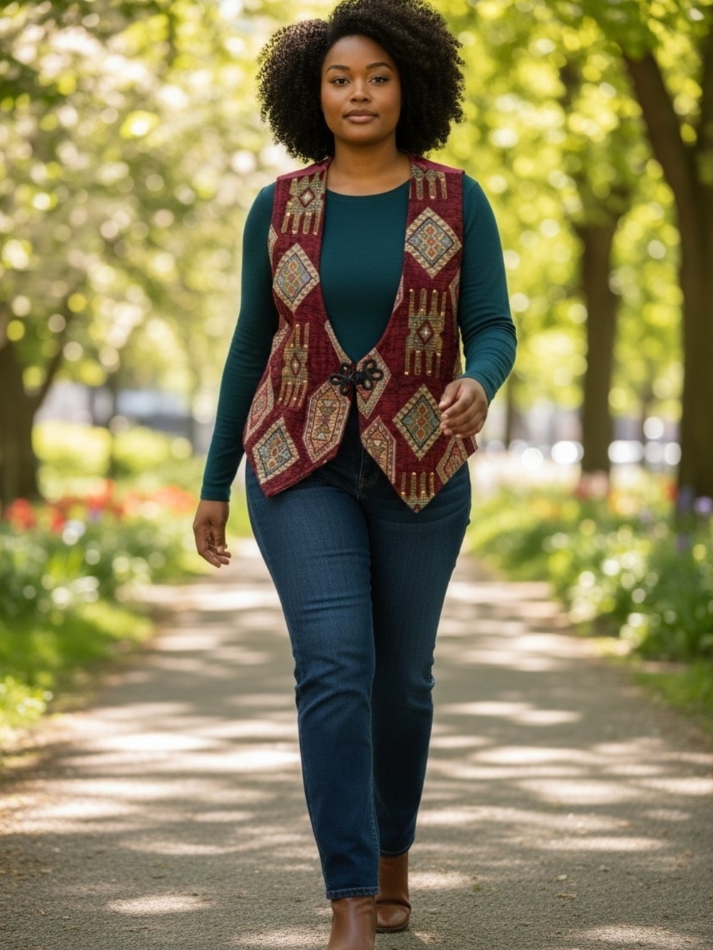 Knitworks Burgundy Geometric Vest with Teal and Gold Details
